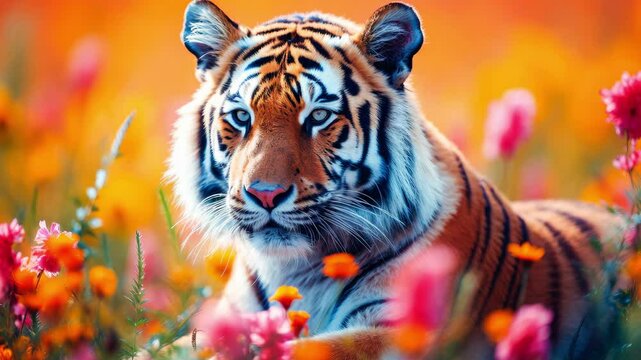 Large tiger, cat in bright meadow flowers. Perfect for wildlife documentaries, conservation campaigns or any project that seeks to evoke the mystery and power of this animal