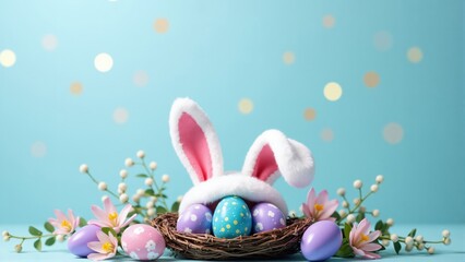 Easter Eggs in Nest with Bunny Ears and Flowers