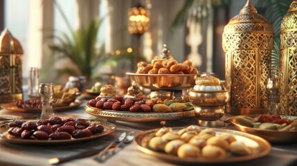 Obraz premium Festive table with traditional Middle Eastern sweets and gold lanterns
