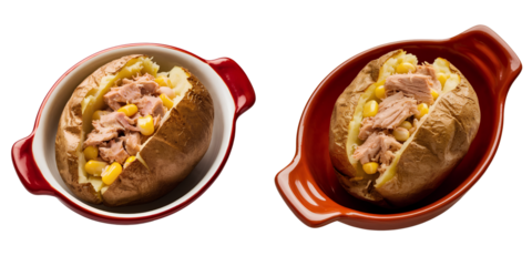  Stuffed Baked Potato with Tuna, Corn, and Creamy Sauce in Red Oval Dish, Isolated on Transparent Background PNG