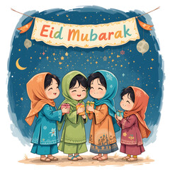 Eid mubarak card showing happy children dressed in traditional clothing, exchanging gifts and hugging