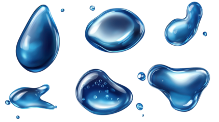 A series of shiny metallic blue drops spreading out across a smooth white surface, with a few droplets breaking apart, seen from an overhead perspective, isolated on a transparent background.