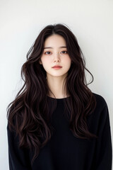 Young Woman with Long Wavy Dark Hair in a Sweater