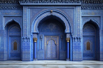 Intricately designed blue architectural facade featuring ornate arches and detailed patterns, showcasing craftsmanship