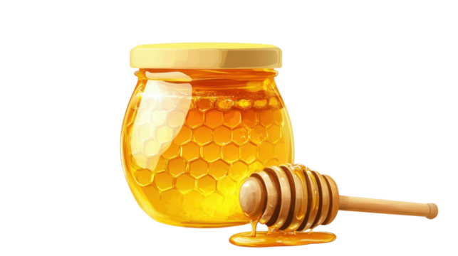 A glass jar filled with golden honey jam, glistening in the light, isolated on a transparent background, with a honey dipper placed next to it.
