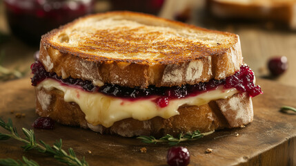 Close-up of a gourmet grilled cheese sandwich with melted brie and cranberry sauce