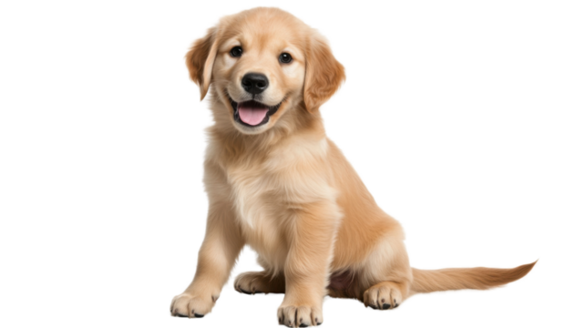 A playful golden retriever puppy with a wagging tail, sitting on a transparent background, isolated, looking happy and curious. - Powered by Adobe