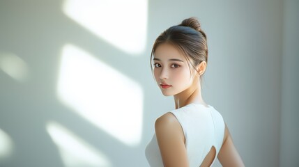 Elegant Asian woman with hair bun looking over shoulder in studio