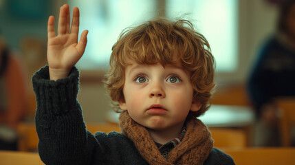 Little boy raising his hand in classroom, eager to participate in learning activity