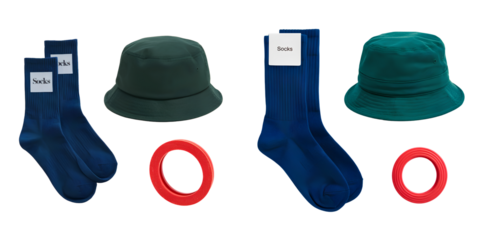  Blue socks with white label, green bucket hat, and red rubber band isolated on transparent background PNG