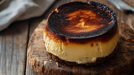 Close-up of a Basque burnt cheesecake with a caramelized top on a rustic wooden board