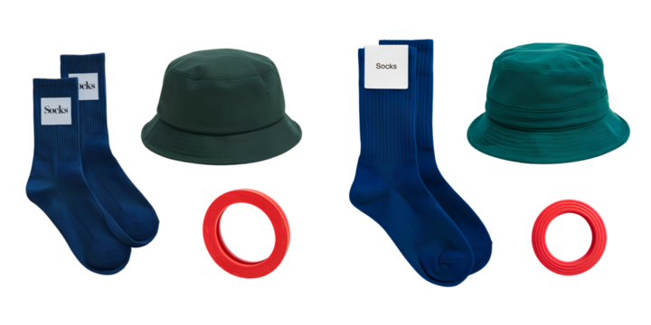Blue socks with white label, green bucket hat, and red rubber band isolated on transparent background PNG - Powered by Adobe