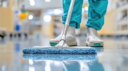 Healthcare Worker Cleaning Hospital Floor with Mop for Hygiene and Sanitation