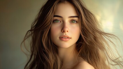 Stunning portrait of a beautiful woman with flowing hair and green eyes