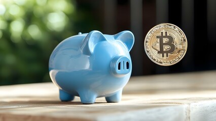 A blue piggy bank next to a floating Bitcoin symbol, representing saving or investing in cryptocurrency. Concept Cryptocurrency Investment, Saving Strategies, Bitcoin Symbolism, Financial Literacy