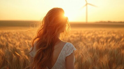 Redhead woman in wheat field contemplating renewable energy future