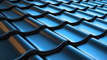 Close-up of a textured surface featuring overlapping, wavy roof tiles with a glossy finish. Concept Textured Roof Tiles, Overlapping Patterns, Glossy Finish, Architectural Details