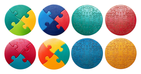 Colorful Puzzle Pieces in Square and Circle Arrangements, isolated on transparent background