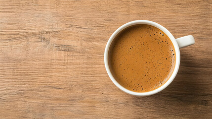 Overhead View of Coffee Filled White Ceramic Mug on a Textured Brown Wooden Table Surface