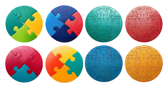 Colorful Puzzle Pieces in Square and Circle Arrangements, isolated on transparent background