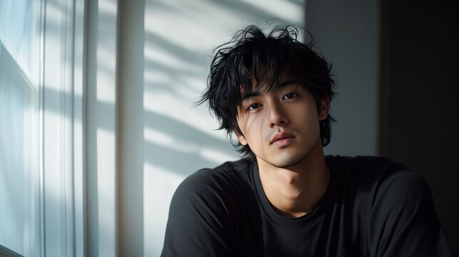 Portrait of a handsome Asian man in a black t-shirt by the window