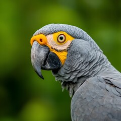 Obraz premium Close-Up Portrait of a Grey Marquise Parrot with Vibrant Orange Details and Green Background