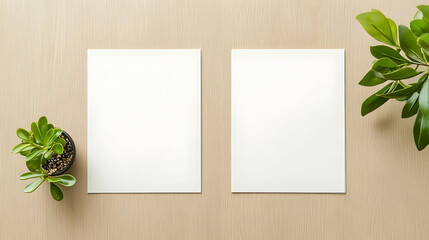 Overhead Shot Of Blank Papers With Potted Green Plants On A Wooden Table