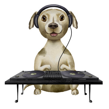 Watercolor illustration of a puppy with floppy ears, wearing headphones, at a DJ setup with turntables, conveying a musical and fun vibe, isolated on white background.