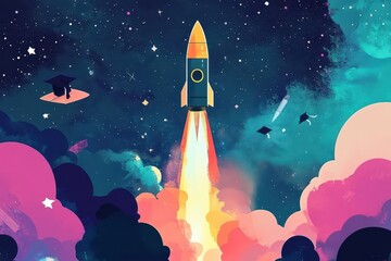 A rocket launching into space with graduation caps nearby