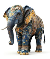 Ornate elephant standing on white background, for cultural projects