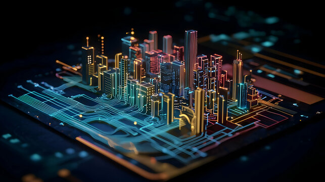 Illuminated City Model on Circuit Board Depicting Data Network and Digital Communication