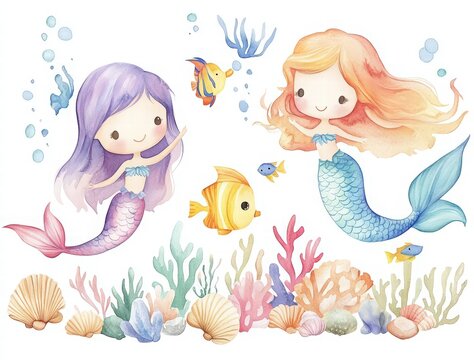 watercolor mermaid clipart set, colorful hair and tails, ocean creatures, seashells, corals, undersea. watercolor cartoon mermaid and princess friend - Powered by Adobe