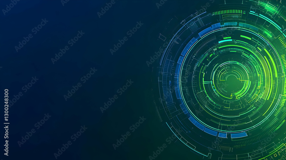 Poster abstract digital interface with blue and green circular light displaying technological data