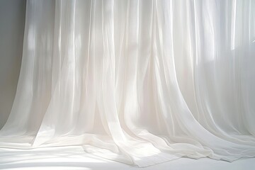 Obraz premium Sheer white curtains, sunlight through window, minimalist interior