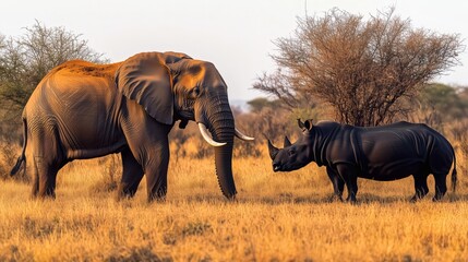 Fototapeta premium Elephant and rhino meeting in african savanna at sunset. Generative ai illustrations