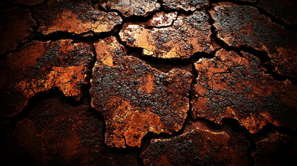 Cracked, dry, red earth texture; arid landscape background; environmental crisis; design element