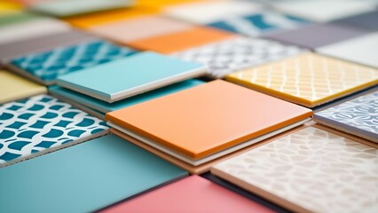 Fototapeta premium A variety of colorful tile samples arranged in a pattern, featuring different textures and designs. Concept Colorful Tile Samples, Textured Designs, Pattern Arrangement, Interior Decor Inspiration