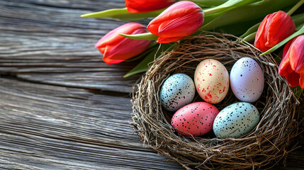 Obraz premium Beautiful easter eggs in nest with red tulips springtime decor bird card happy photo image pastel