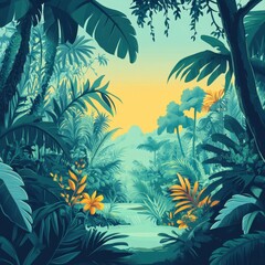 A vibrant illustration showcases a lush and dense tropical rainforest scene
