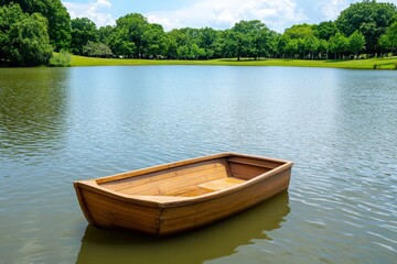 Fototapeta premium A picturesque pond with a small wooden rowboat floating near the shore