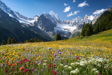 Fototapeta premium Vibrant Meadow with Wildflowers and Snow-Capped Mountains