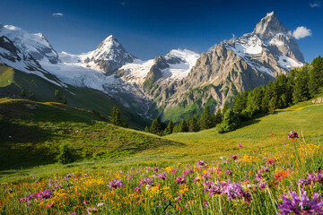 Fototapeta premium Vibrant Meadow with Wildflowers and Snow-Capped Mountains