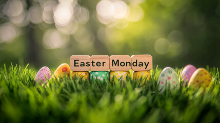 Happy easter monday colorful eggs in green grass spring holiday joy card image photo family wooden