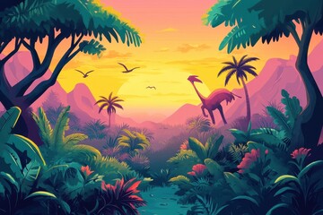 A colorful illustration depicts a dinosaur in a prehistoric landscape