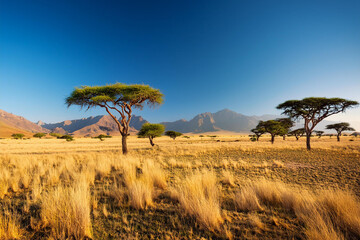 Obraz premium Vast Savanna Landscape with Acacia Trees and Mountain Background