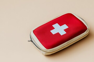 A red and white first aid kit bag with a white cross symbol for emergency medical care and assistance