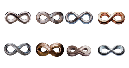 Variety of Infinity Symbols in Different Metallic Finishes Displayed, Bundle Set Collection, Isolated on Transparent Background