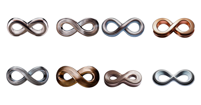 Variety of Infinity Symbols in Different Metallic Finishes Displayed, Bundle Set Collection, Isolated on Transparent Background