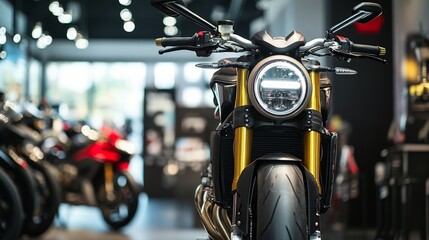 Fototapeta premium Close-up view of a modern motorcycle with a bright headlight.