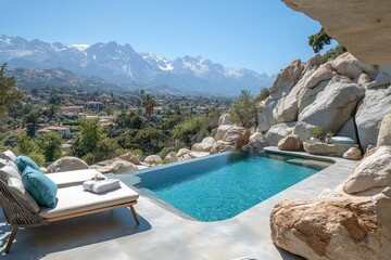 Obraz premium Luxurious poolside retreat with stunning mountain views and serene landscape in the background